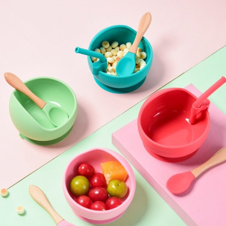 Silicone Dinnerware Bowl with Spoon and Straw Attachment