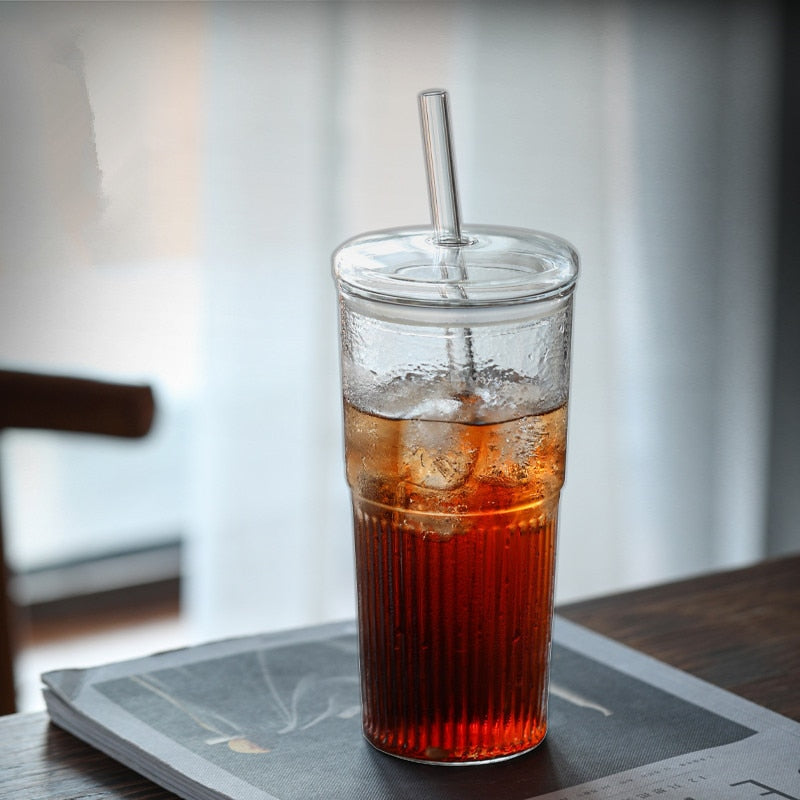 Stripe Glass Cup With Lid and Straw | 600ml