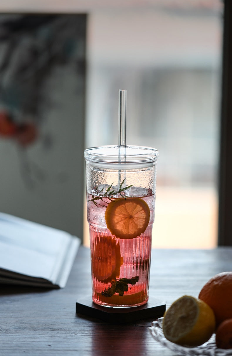 Stripe Glass Cup With Lid and Straw | 600ml